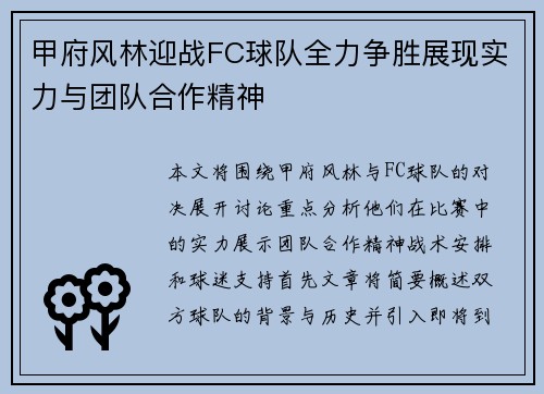甲府风林迎战FC球队全力争胜展现实力与团队合作精神